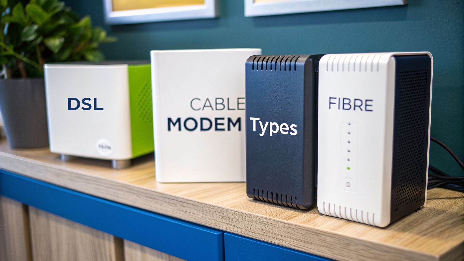 Four different internet modems labeled DSL, Cable Modem, and Fibre on a wooden shelf.