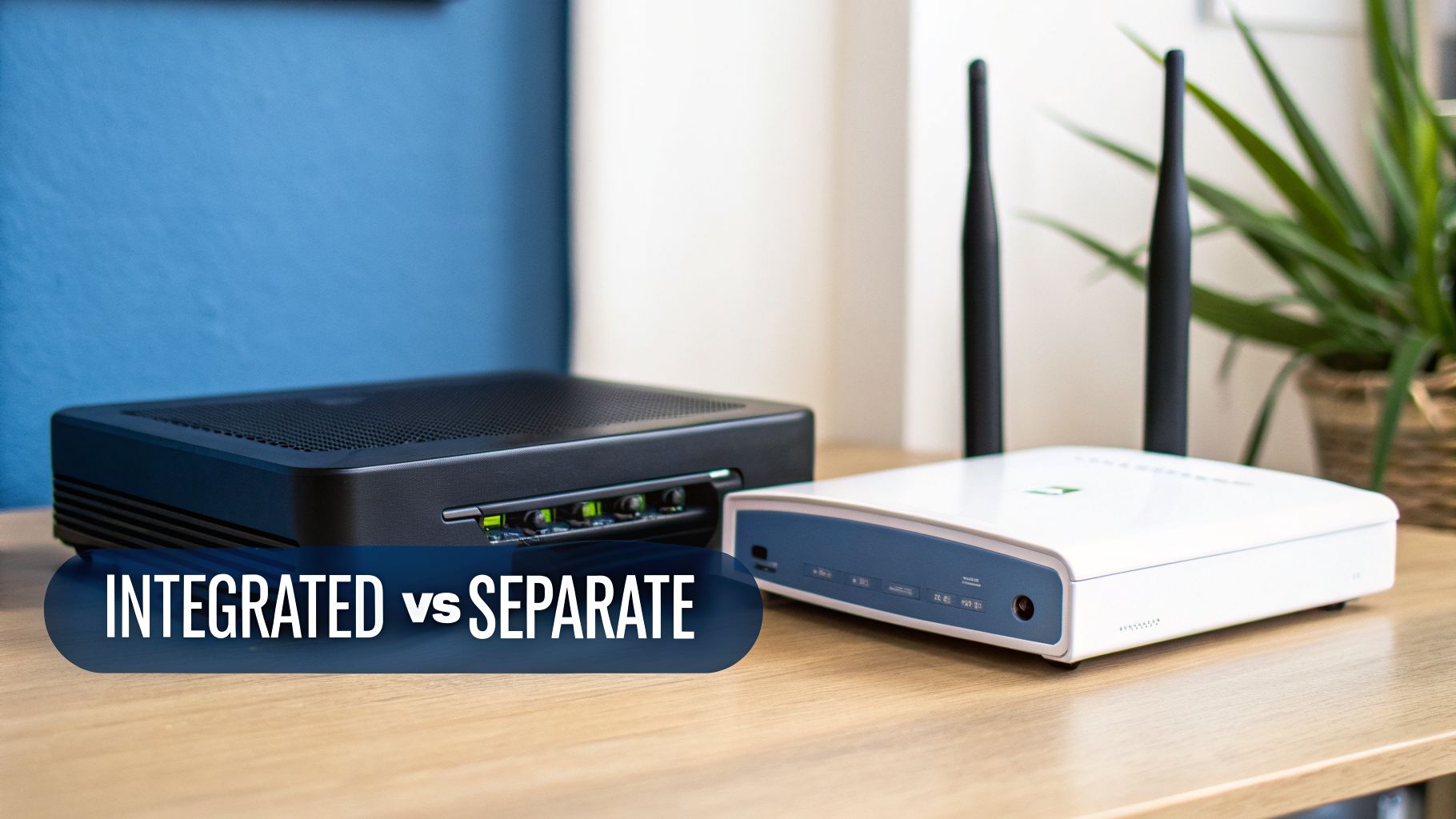 A black integrated modem and a white separate wireless router on a wooden desk.