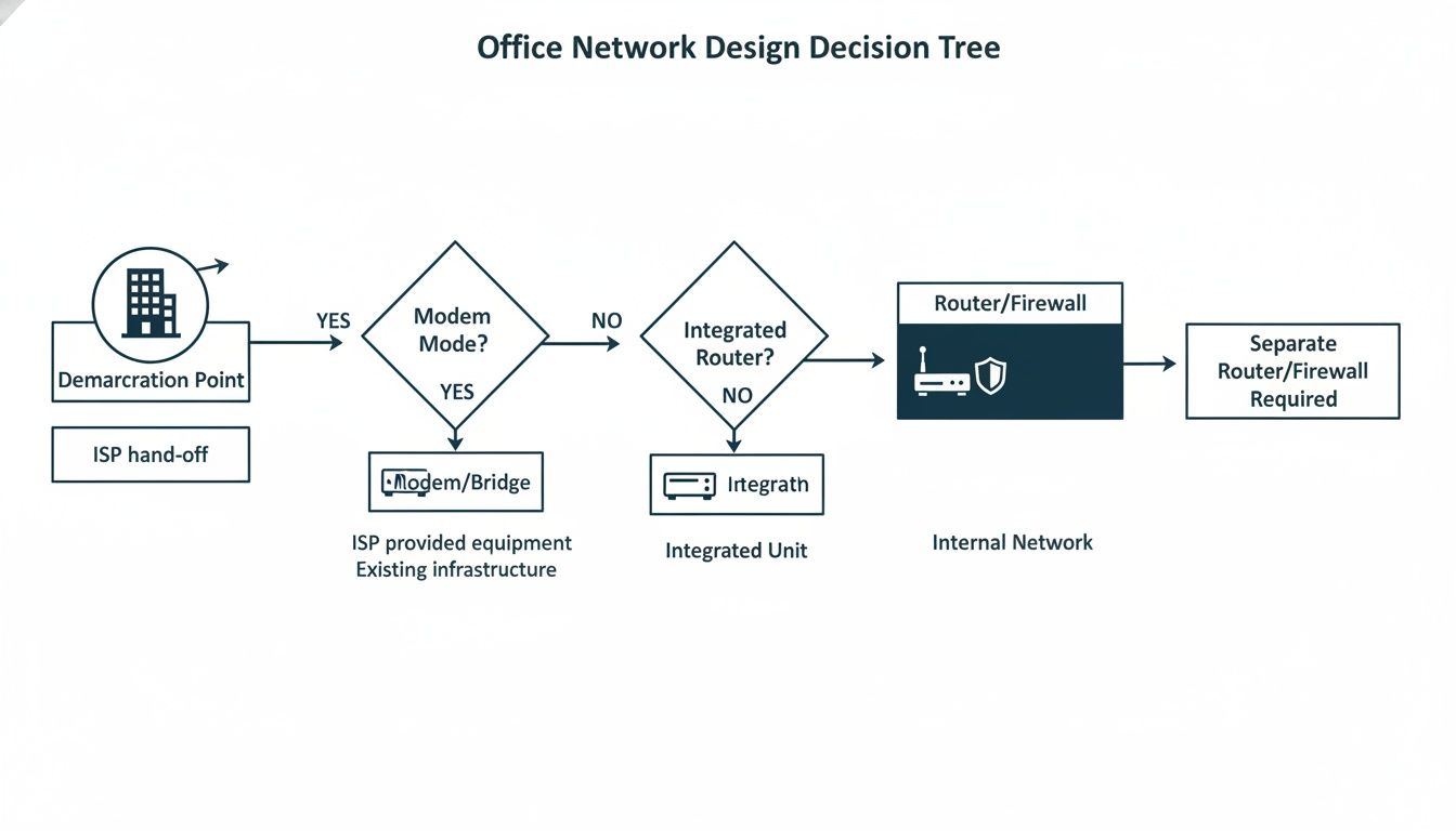 A decision tree illustrating office network design choices for modems, routers, and firewalls.