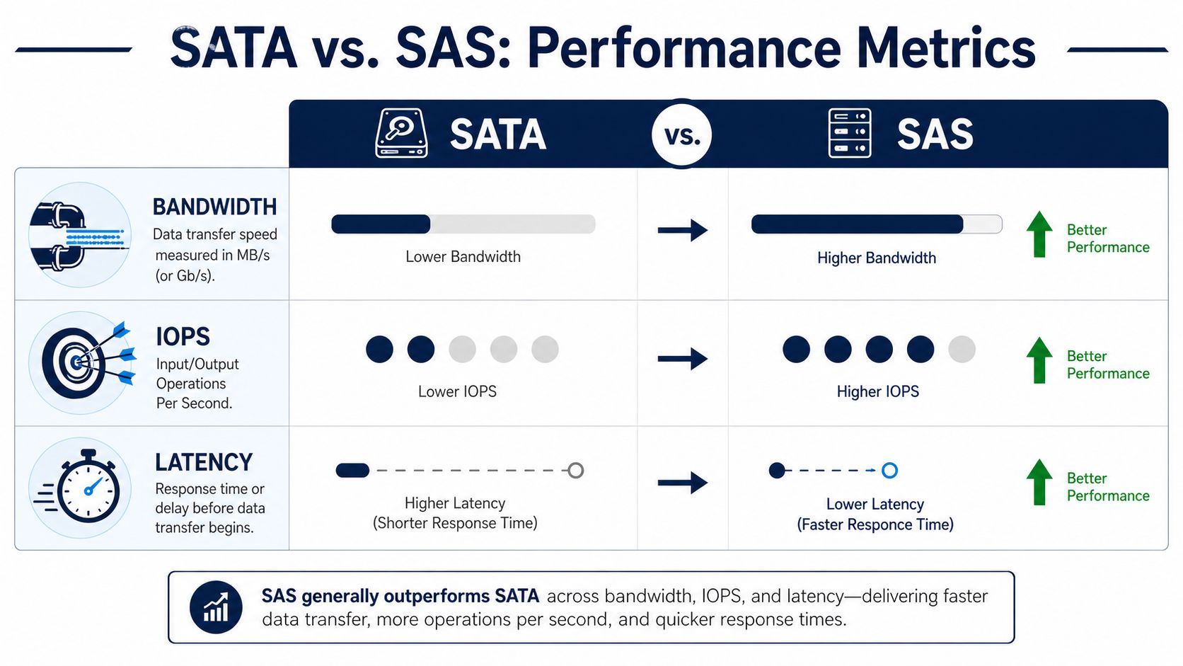 A comparison chart showing SAS performance metrics versus SATA in bandwidth, IOPS, and latency efficiency.