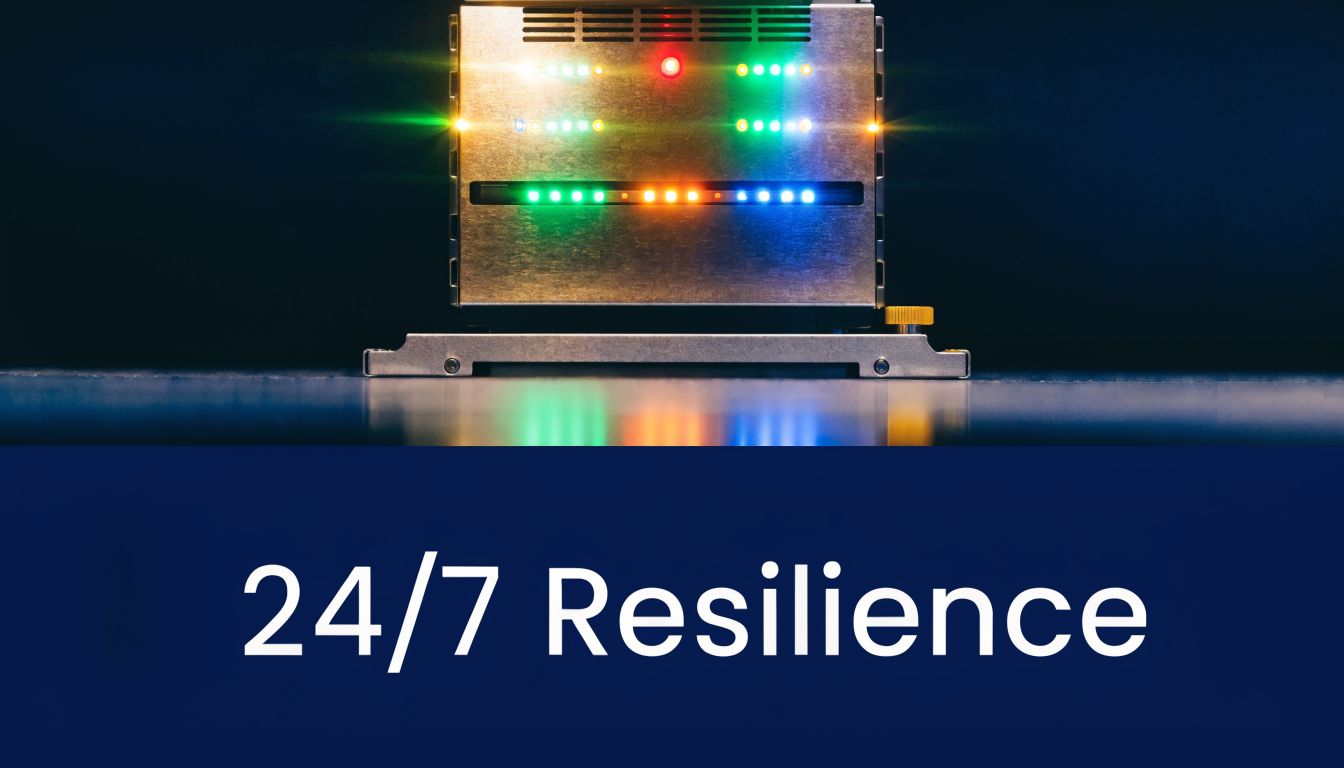 A server rack chassis with glowing indicator lights on a dark background under text reading 24/7 Resilience