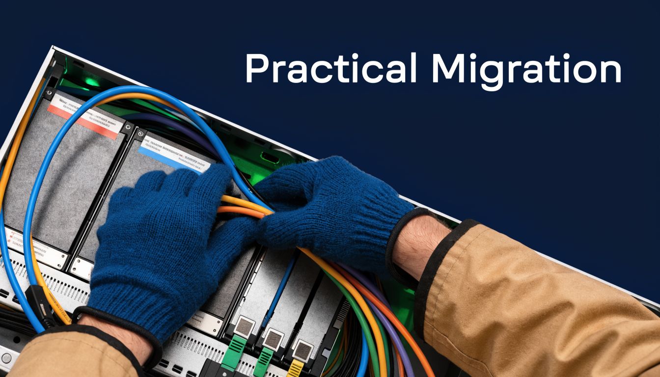 A technician wearing blue gloves works on the internal components and cabling of a server rack.