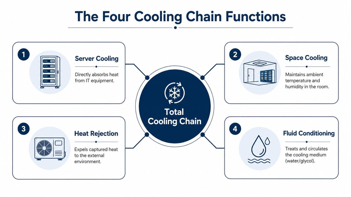 A diagram illustrating the four functions of a cooling chain for data center server room infrastructure management.