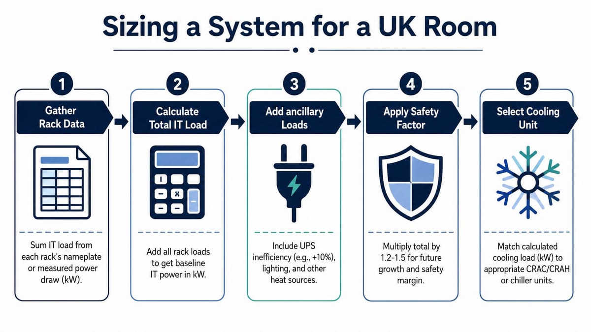 A five-step infographic guide detailing the process for sizing a server room cooling system.