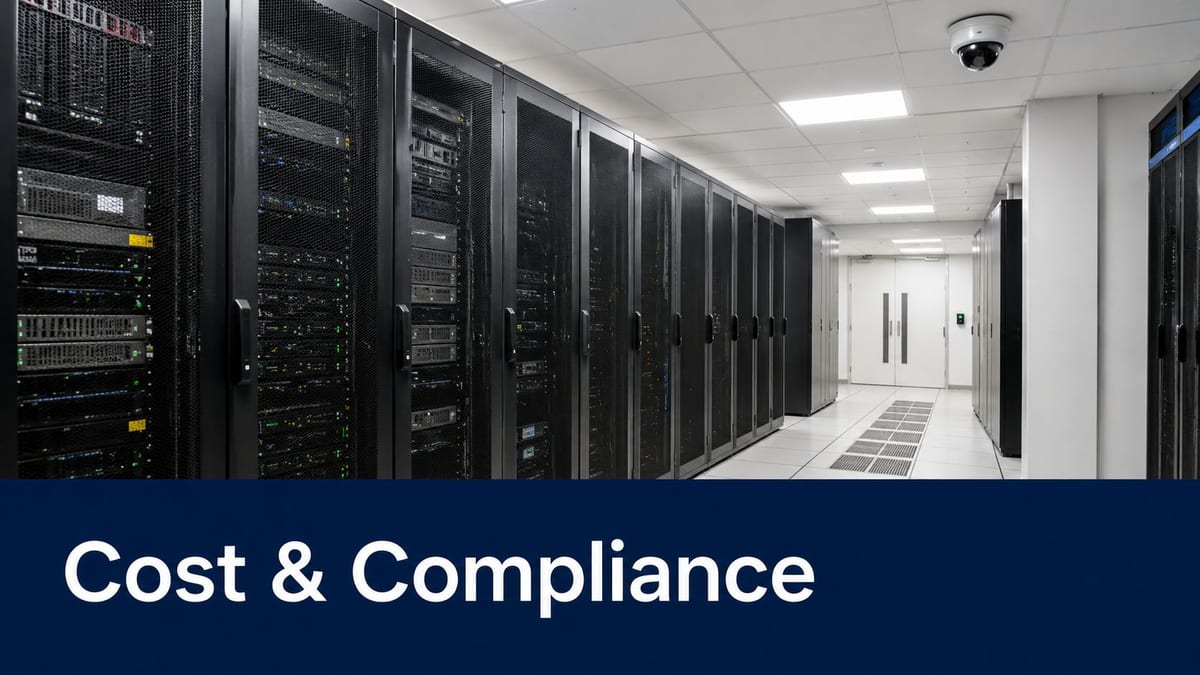 Rows of black server racks in a modern data center with a secure door at the end.