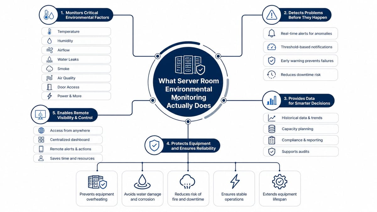 A diagram illustrating the five main benefits and functions of server room environmental monitoring systems for data centers.