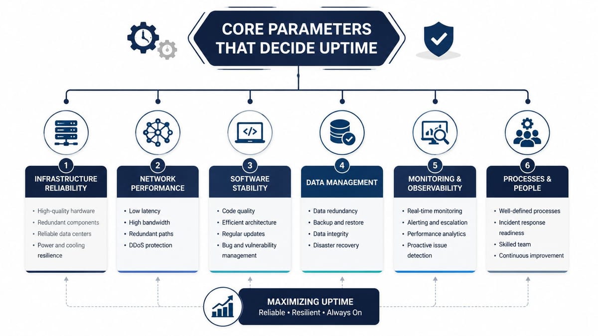 A diagram outlining the six core parameters for maximizing server uptime, including infrastructure, network, software, data, and monitoring.