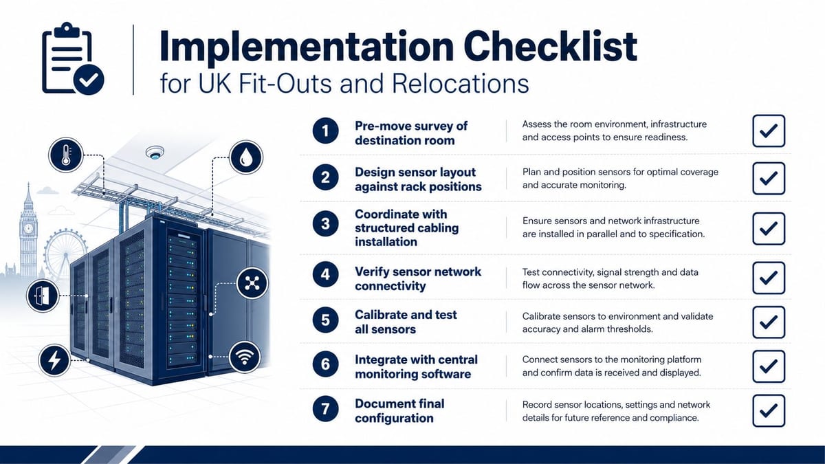 A seven-step implementation checklist for monitoring equipment in UK server room fit-outs and relocations.