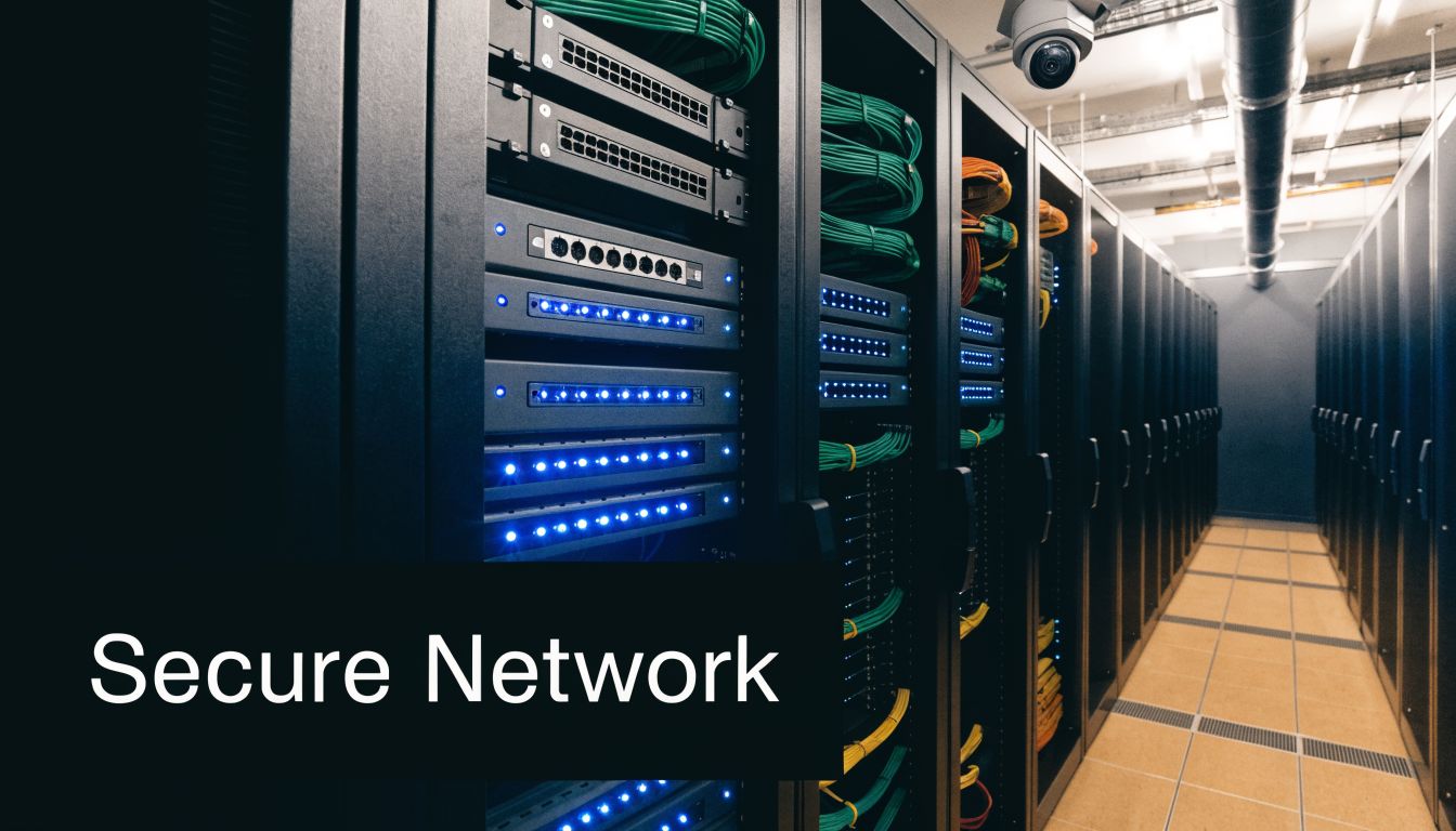 A secure server room with rows of network racks, ethernet cables, and blinking server equipment lights.