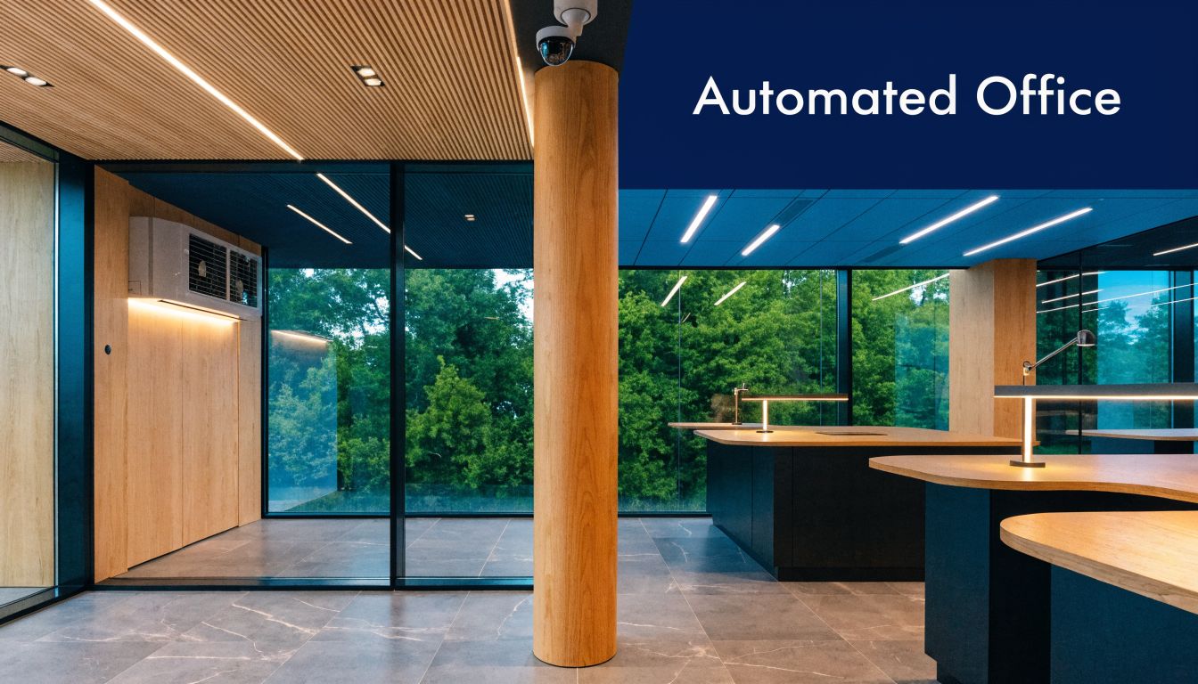 A modern, automated office space featuring sleek wooden furniture, floor-to-ceiling windows, and ambient recessed lighting.