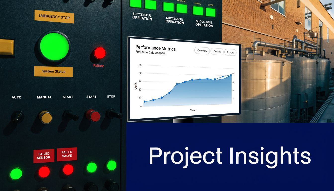 Industrial control panel with performance metrics graph displayed next to metal storage tanks in a factory setting.