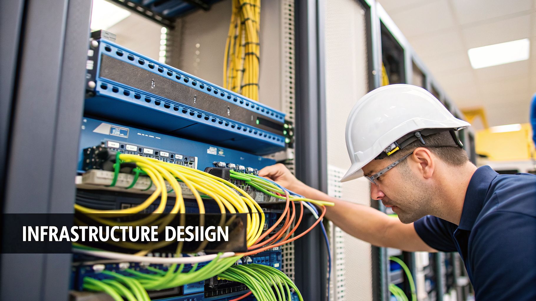An IT technician in a hard hat connects colorful network cables to server equipment in a data center.
