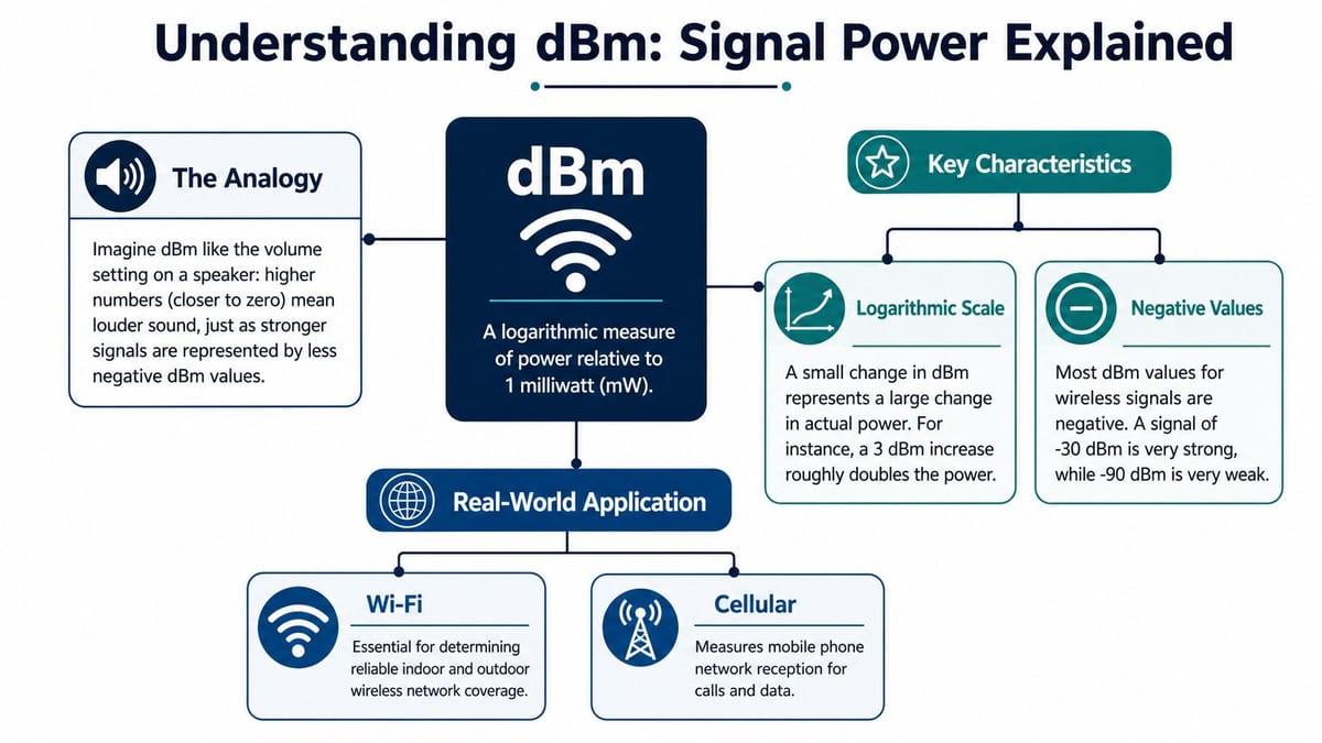 An infographic explaining dBm as a logarithmic measure of signal power relative to one milliwatt.