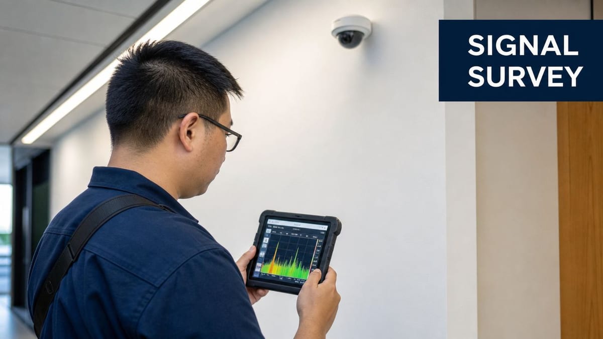 A technician holding a tablet showing signal data to perform a Wi-Fi signal strength survey in an office.
