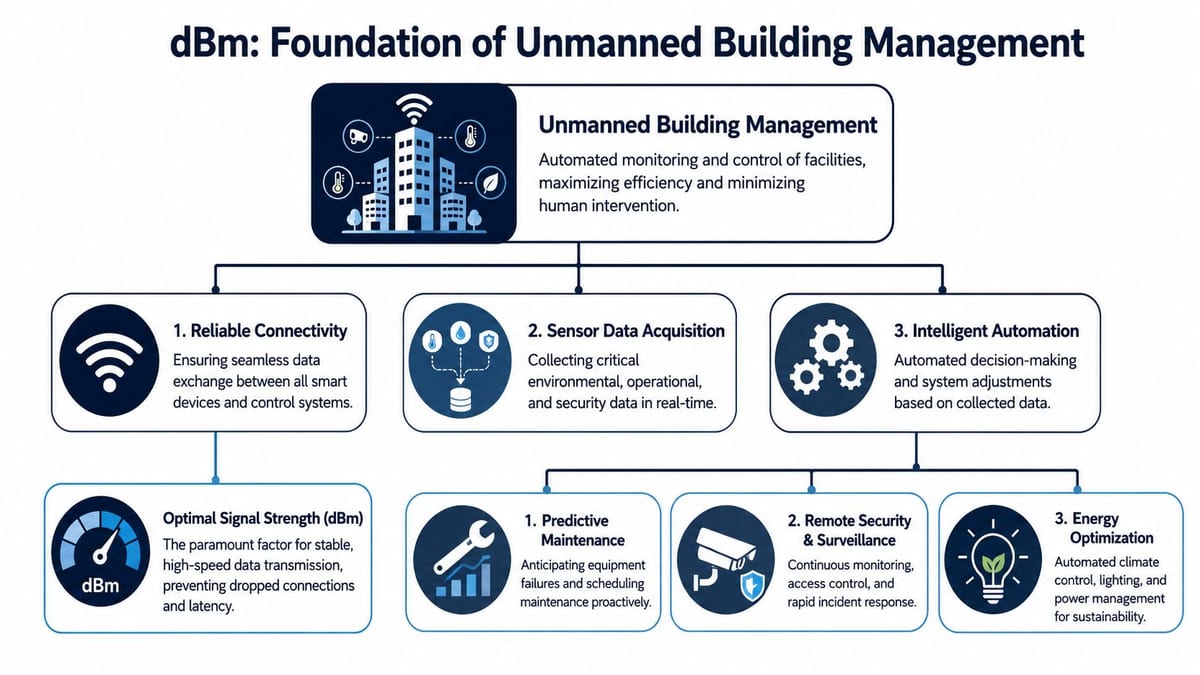 A diagram illustrating how dBm signal strength serves as the foundation for unmanned building management systems.