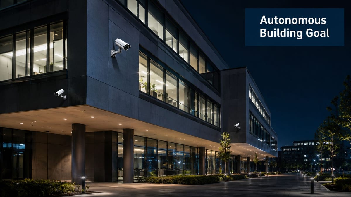 A modern office building at night with outdoor security cameras installed on the exterior facade walls.