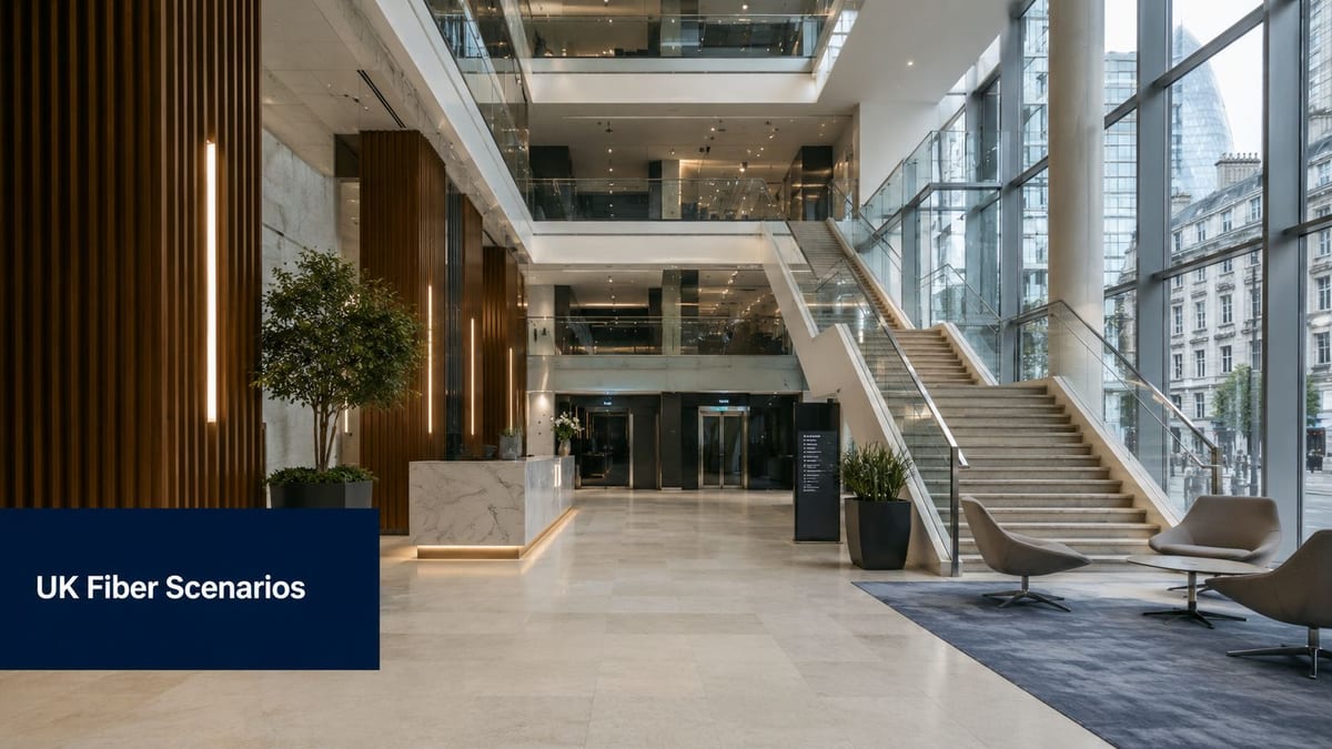 A modern, spacious office building lobby with marble floors, grand staircase, and glass walls overlooking city streets.