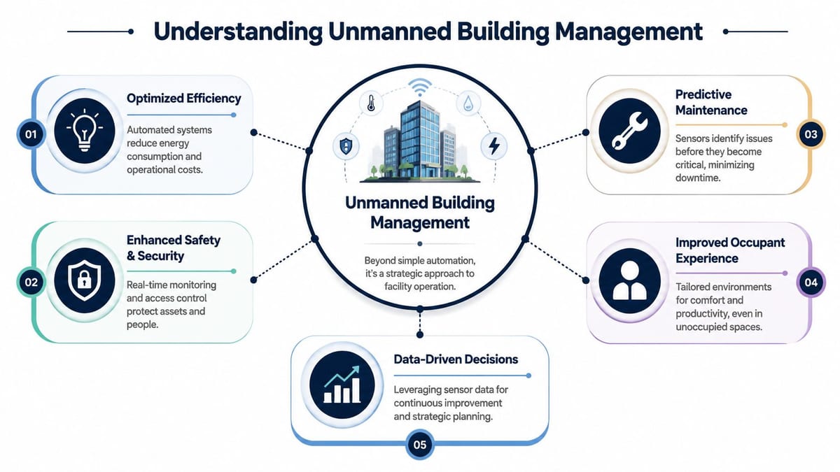 An infographic titled Understanding Unmanned Building Management illustrating five key benefits of smart facility automation technology.