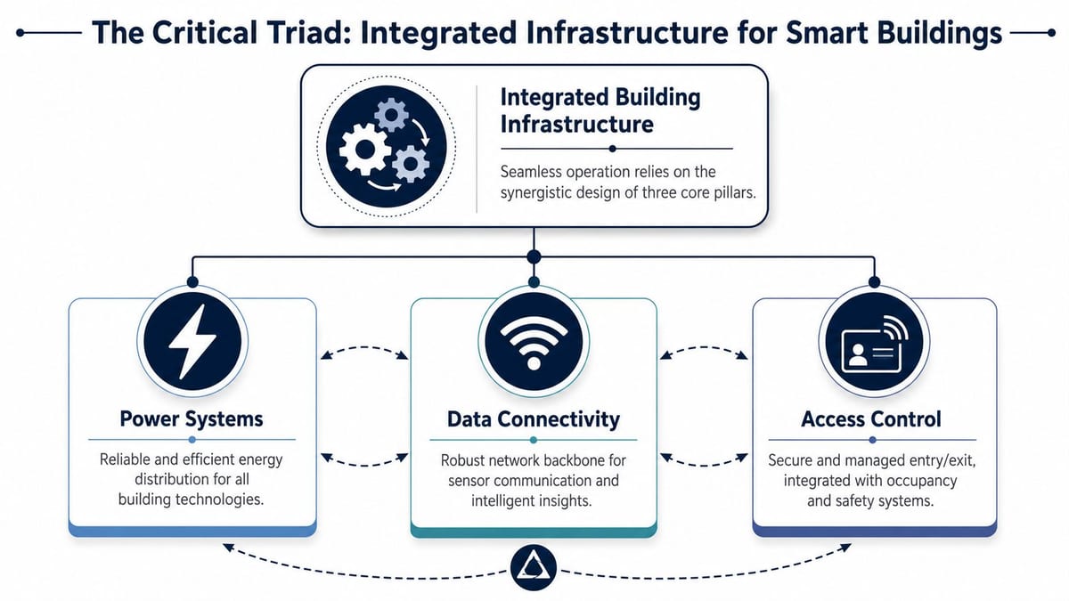A diagram illustrating the three pillars of integrated smart building infrastructure: power systems, data connectivity, and access control.