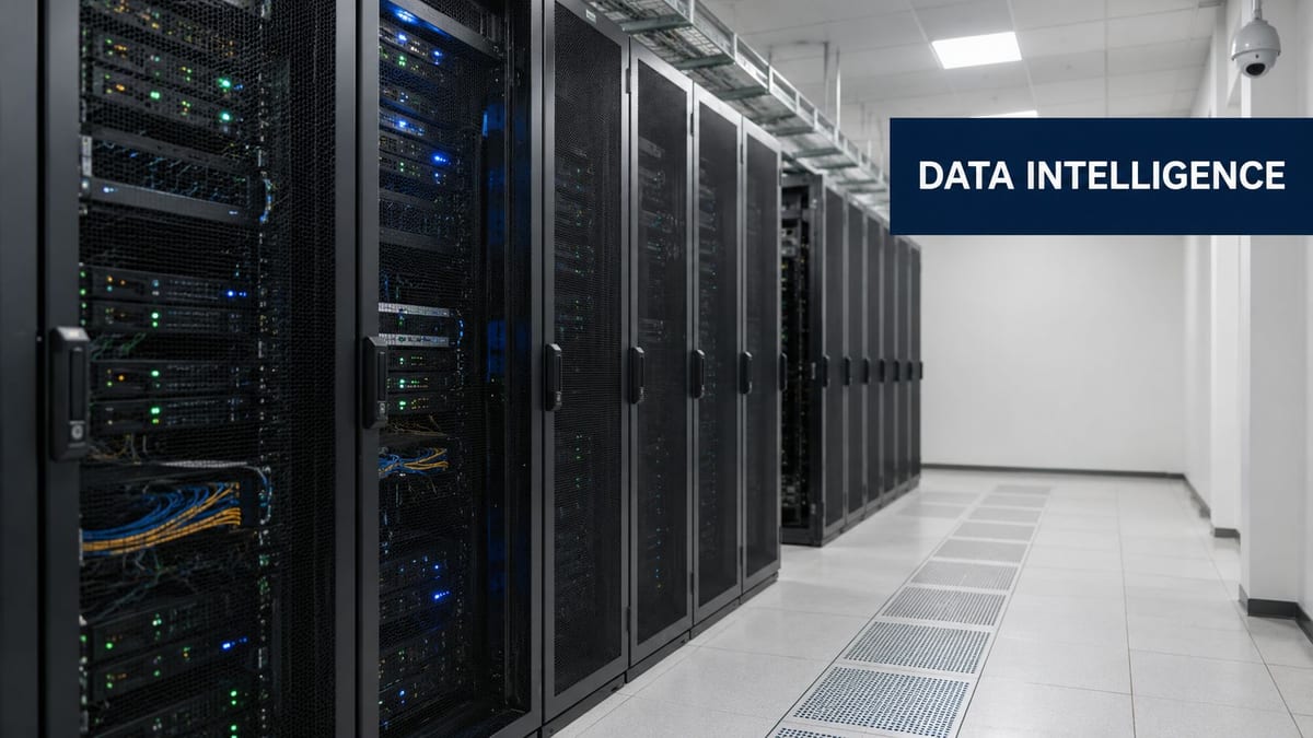 Rows of server racks in a modern data center with flashing lights and white tile flooring.
