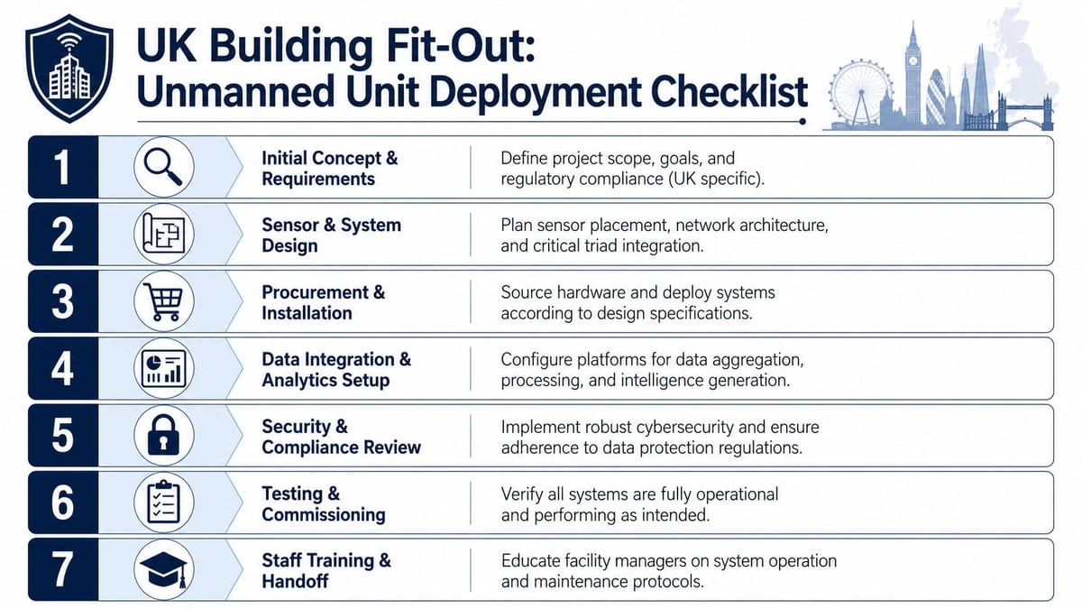 A seven-step checklist infographic for deploying unmanned building fit-out and smart sensor systems in the UK.
