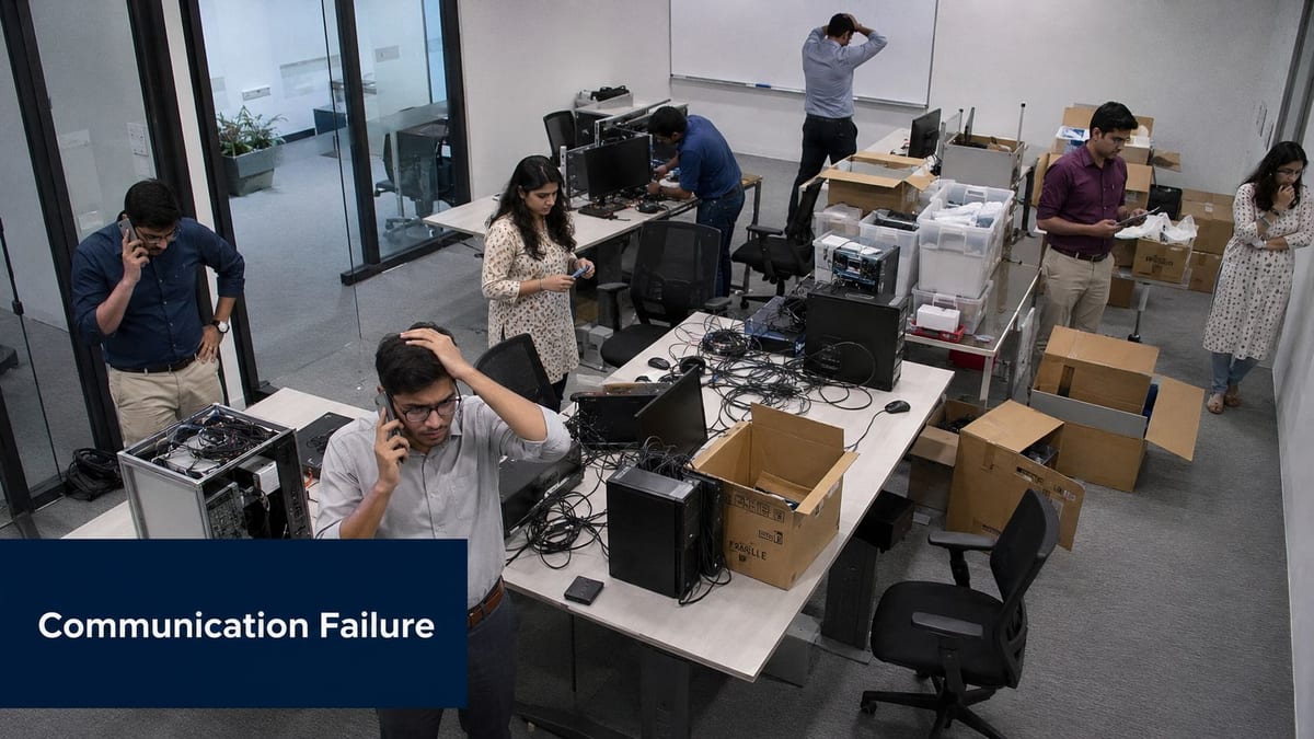 A high-angle view of employees in a cluttered office working on computer components and communicating on phones.
