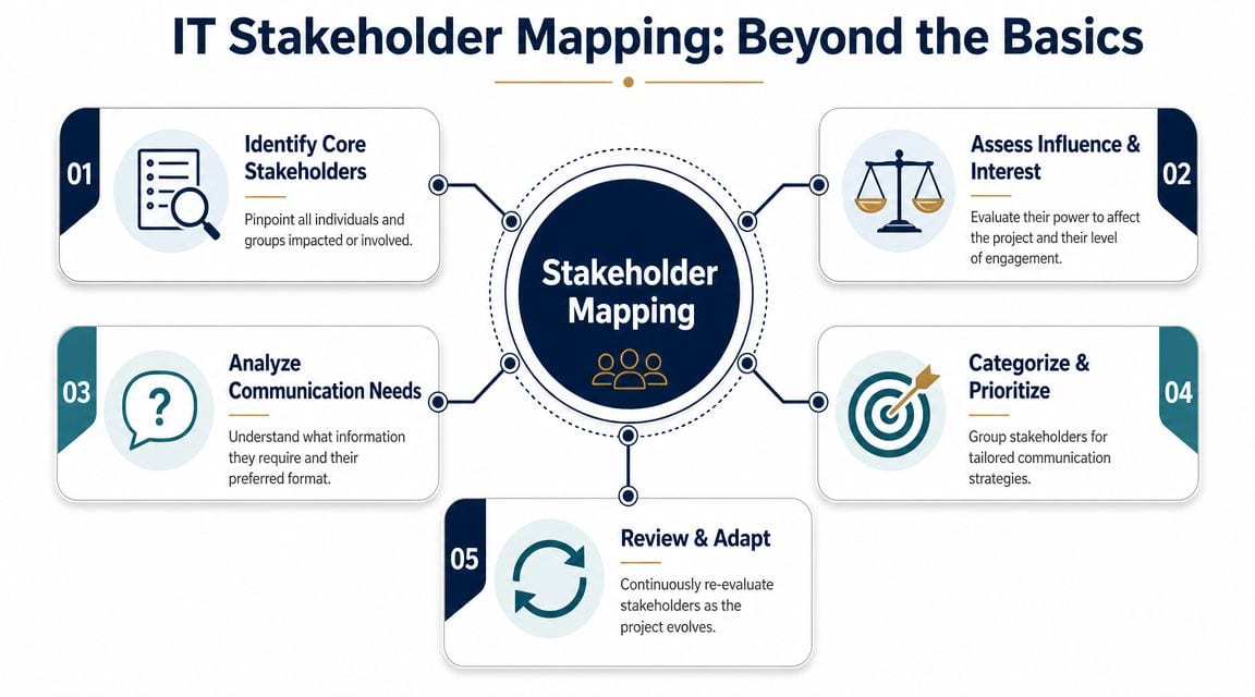 An infographic titled IT Stakeholder Mapping illustrating five essential steps for managing project stakeholders effectively.