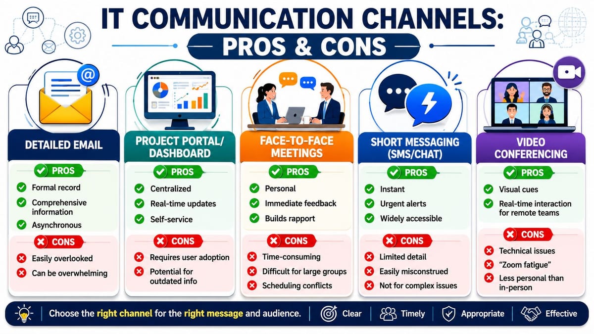 An infographic comparing the pros and cons of five different IT communication channels for professional use.
