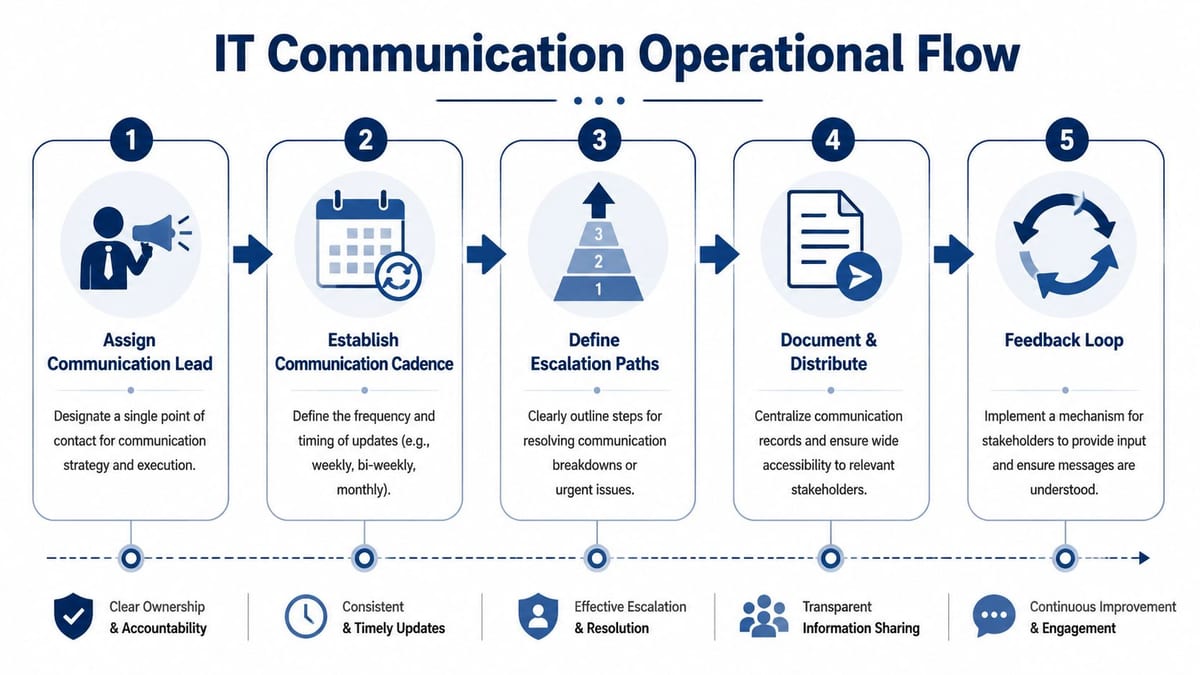 A five-step IT communication operational flow chart highlighting strategies for effective stakeholder management and project updates.