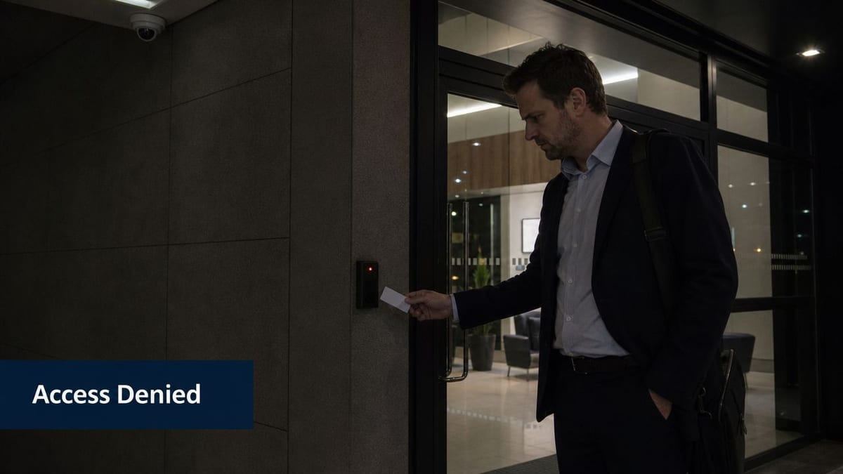A businessman in a suit attempting to enter a building by tapping an access card on a reader.