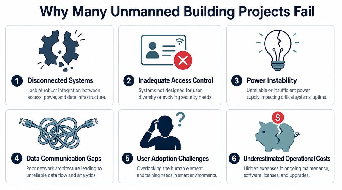 An infographic titled Why Many Unmanned Building Projects Fail, listing six key reasons for project failure.