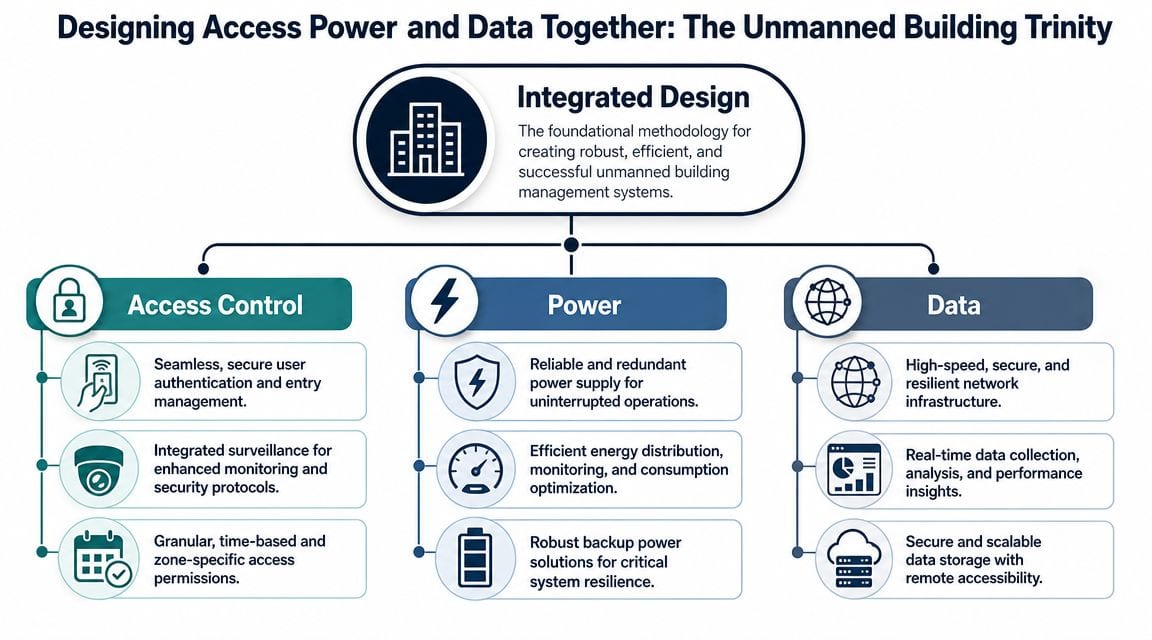 A diagram illustrating the three pillars of unmanned building design: access control, power, and data infrastructure.