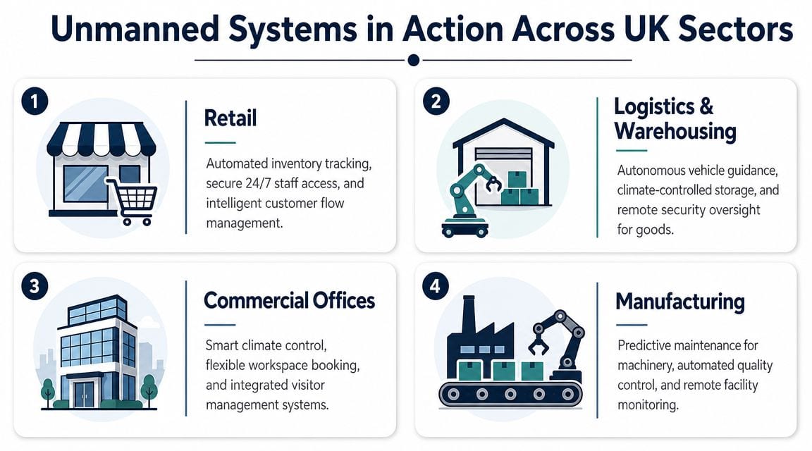 An infographic showing four industry sectors in the UK utilizing various automated and unmanned technological systems.