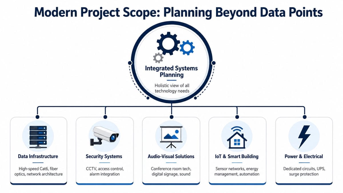 A diagram illustrating integrated systems planning for modern projects including data infrastructure, security, audiovisual, smart buildings, and power.