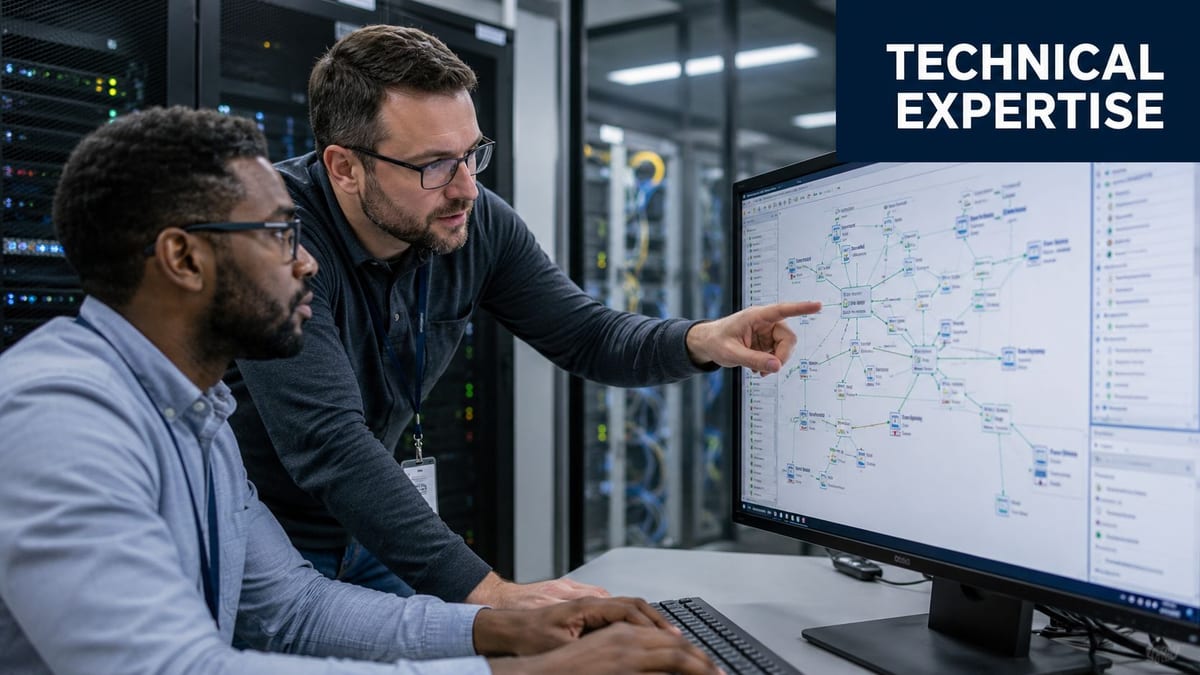 Two IT professionals collaborating on a network architecture diagram in a modern data center server room.