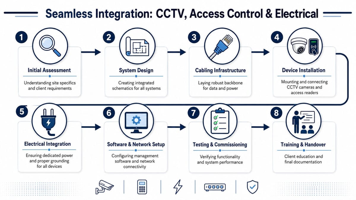 An eight-step infographic illustrating the seamless integration process for CCTV, access control, and electrical infrastructure systems.
