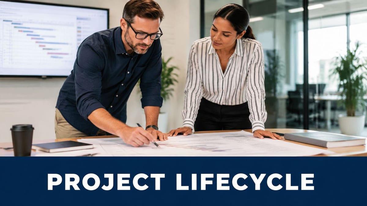 A professional man and woman collaborating on project planning documentation inside a modern office environment.