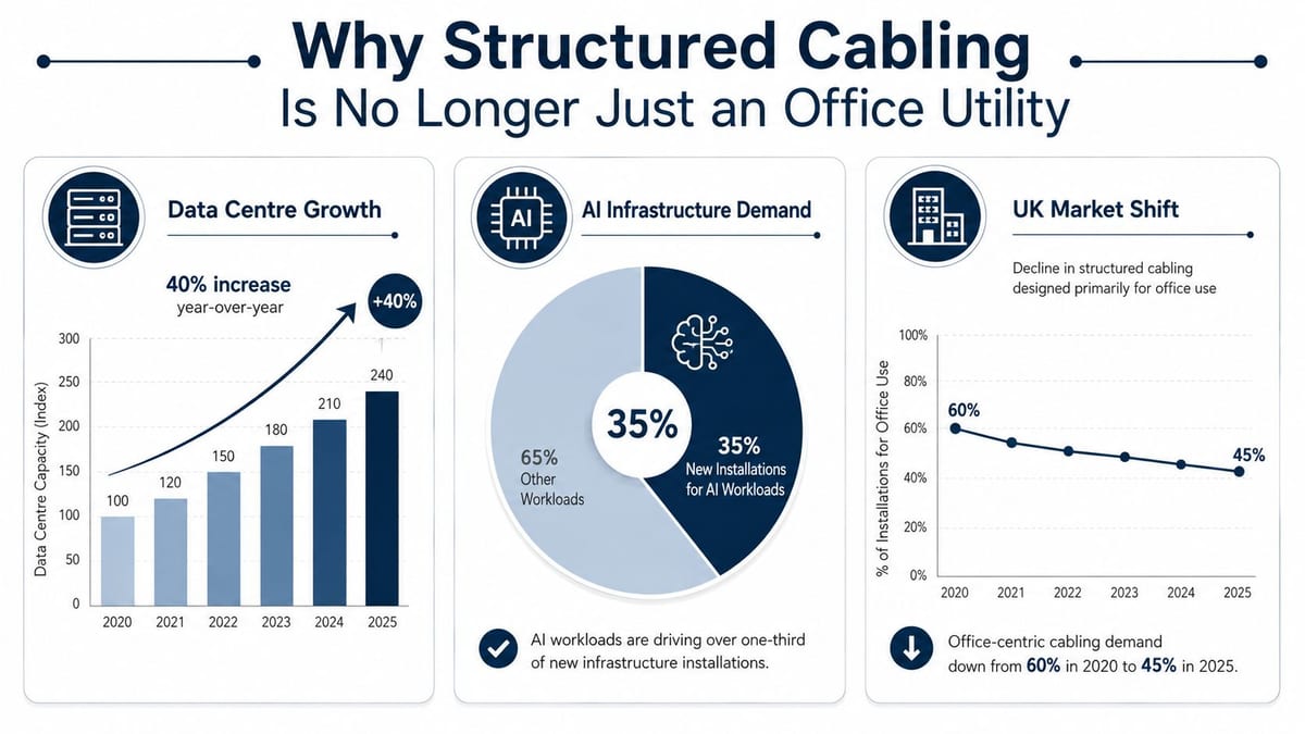 An infographic showing the growth of data centers, AI infrastructure demand, and the decline of office-focused cabling.