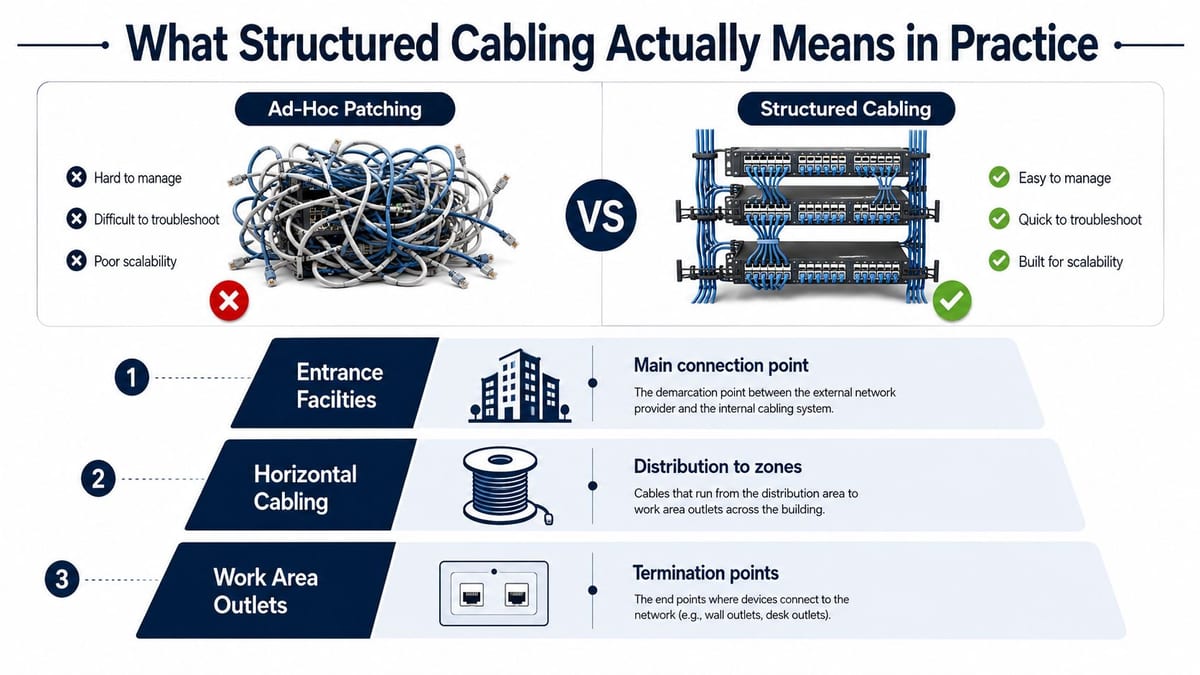 A diagram comparing messy ad-hoc network patching with organized structured cabling and its three main components.