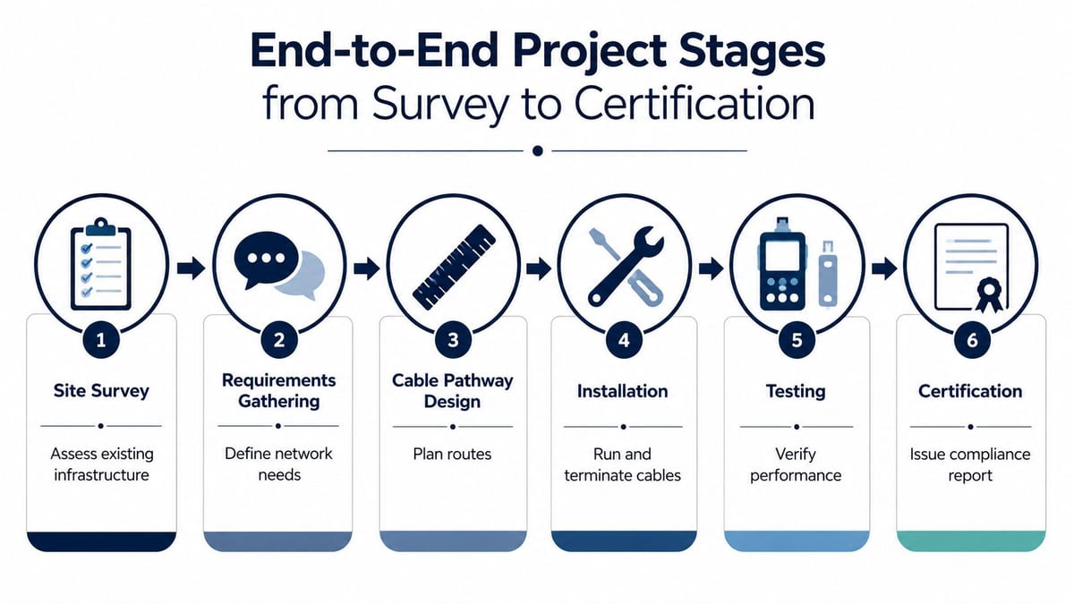 A six-stage workflow diagram detailing the end-to-end process of structured cabling installation from survey to final certification.