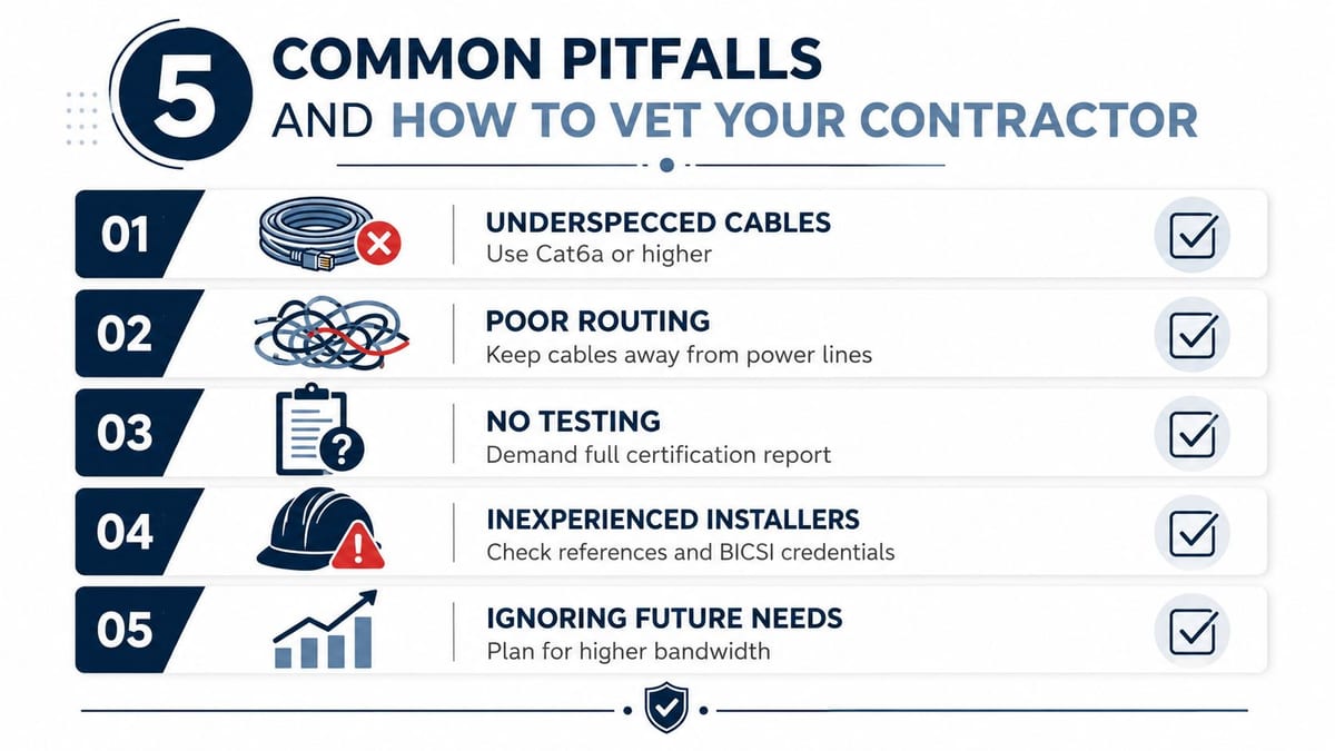 An infographic detailing five common pitfalls in structured cabling installation and how to vet your contractor effectively.