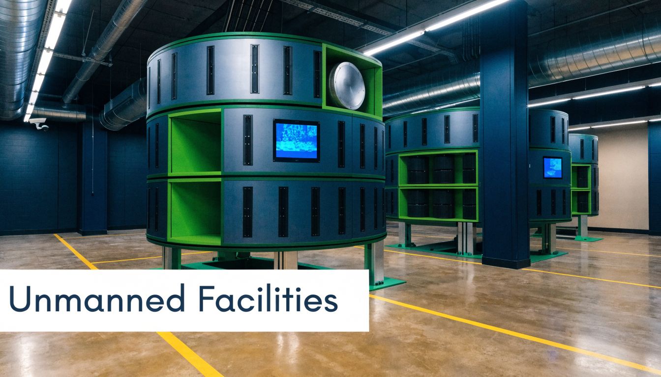 A futuristic data center server room featuring large circular green and gray modular computing units.