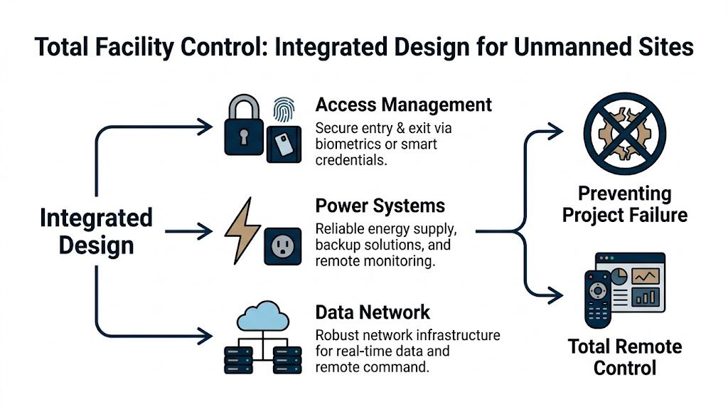 A diagram illustrating an integrated design for total facility control in unmanned sites, covering key operational components.