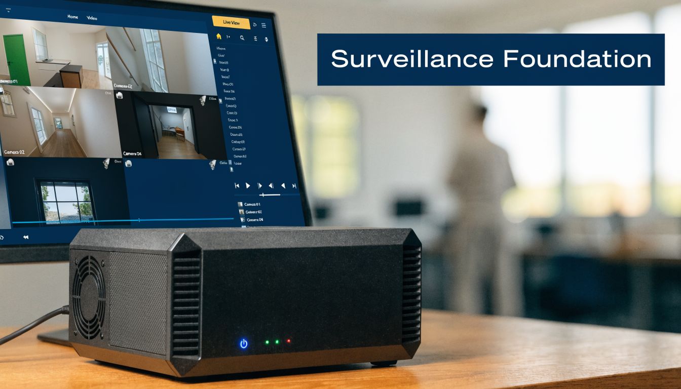 A black surveillance workstation box sits on a wooden desk with a computer monitor showing security camera feeds.