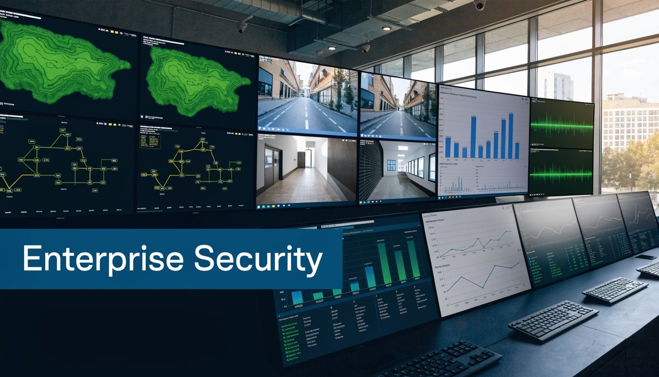 A professional security operations center featuring multiple monitors displaying surveillance footage, network graphs, and analytical data charts.