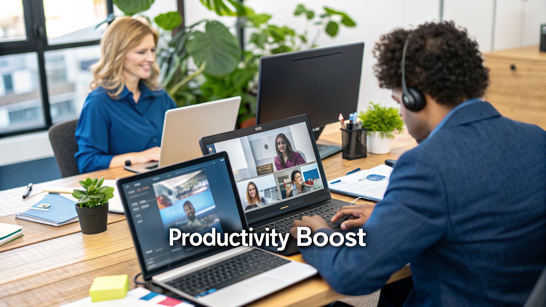 Diverse employees collaborate remotely using laptops for video conference calls in a modern office.