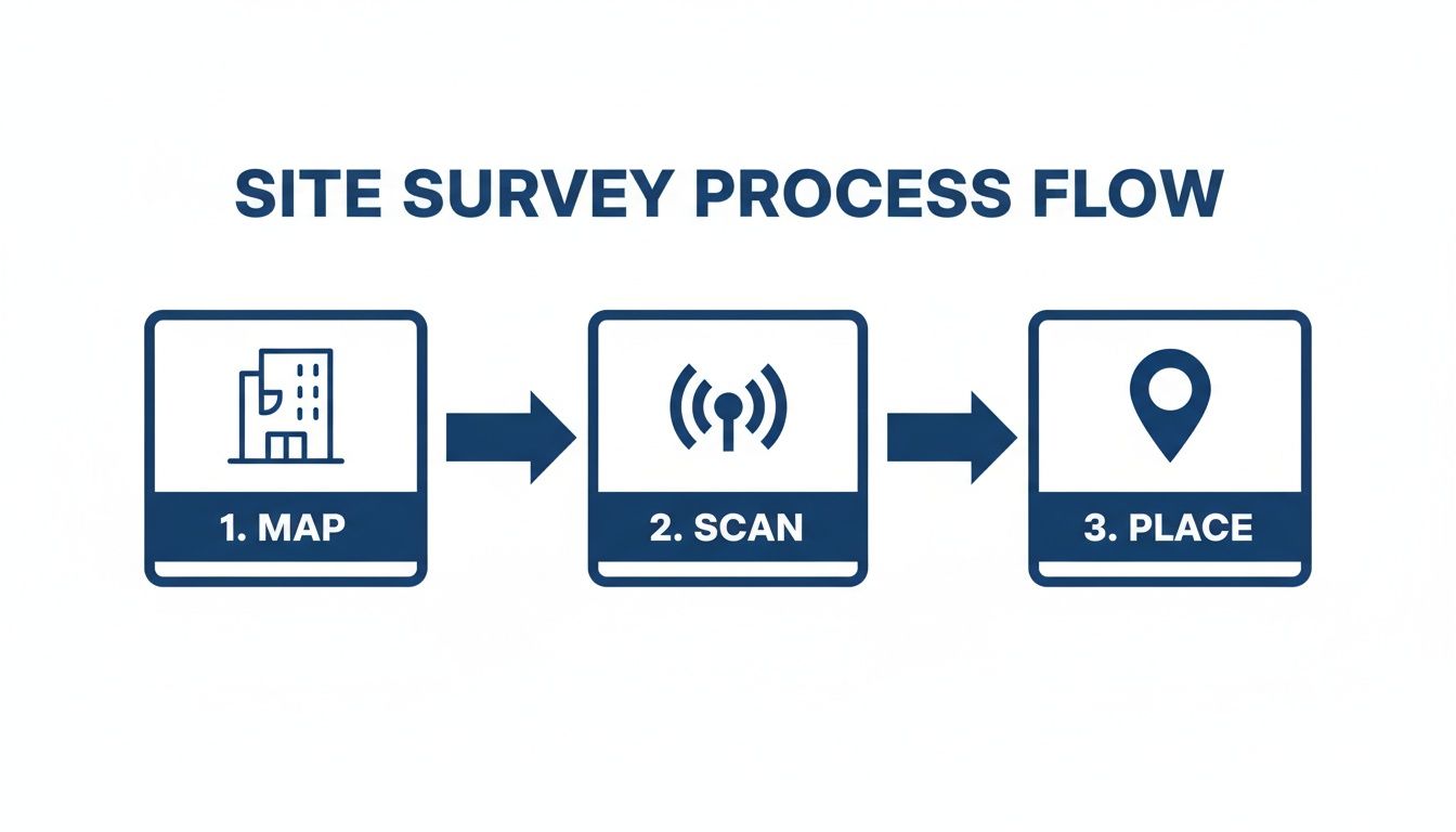 Site survey process flow: Map, Scan, Place, with corresponding icons for building, Wi-Fi, and location.