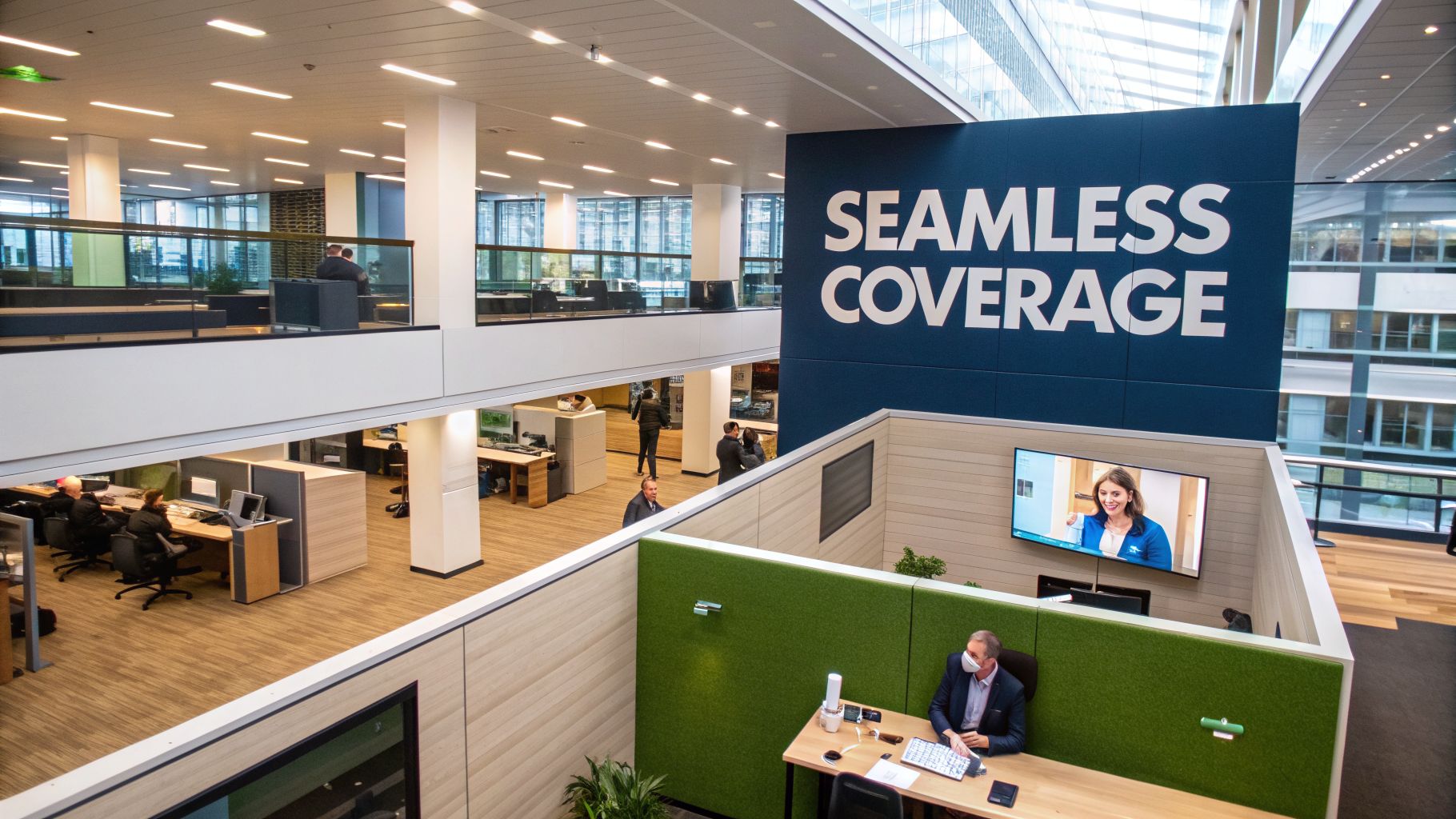 A bustling multi-level office with employees working at desks and a large 'SEAMLESS COVERAGE' wall.