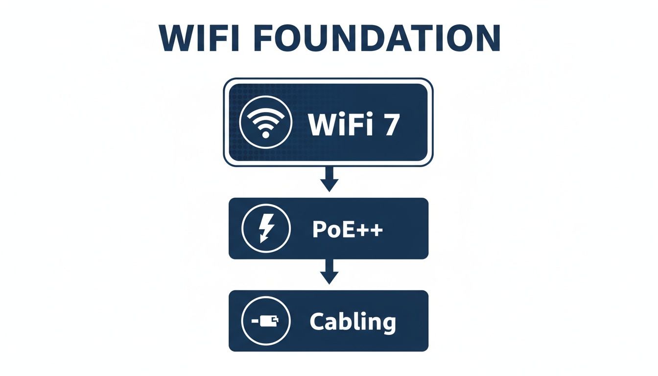 Flowchart illustrating the foundation for WiFi, showing WiFi 7, Power over Ethernet (PoE++), and Cabling.