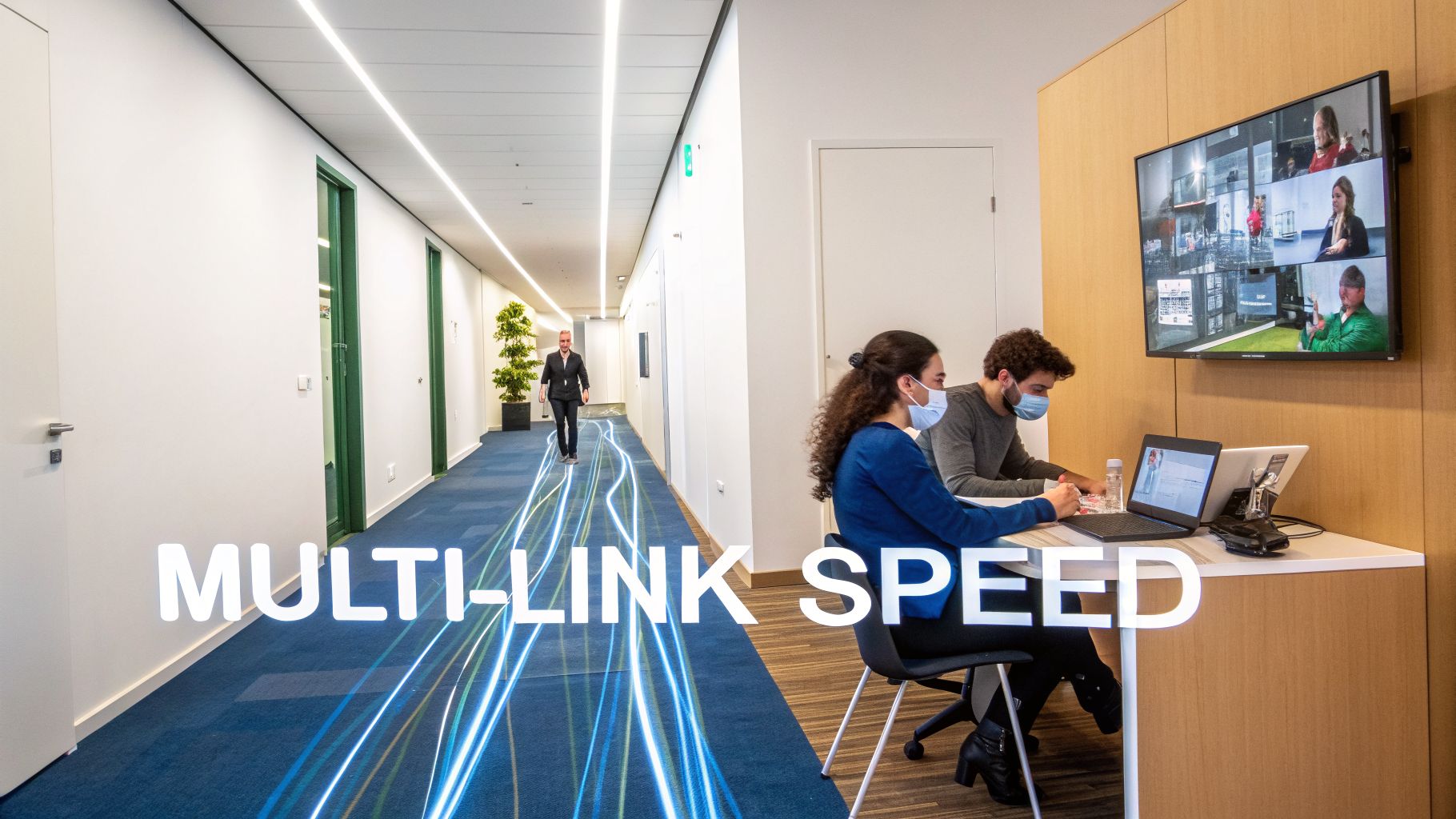 Masked professionals collaborate in a modern office with a video call and glowing data links.
